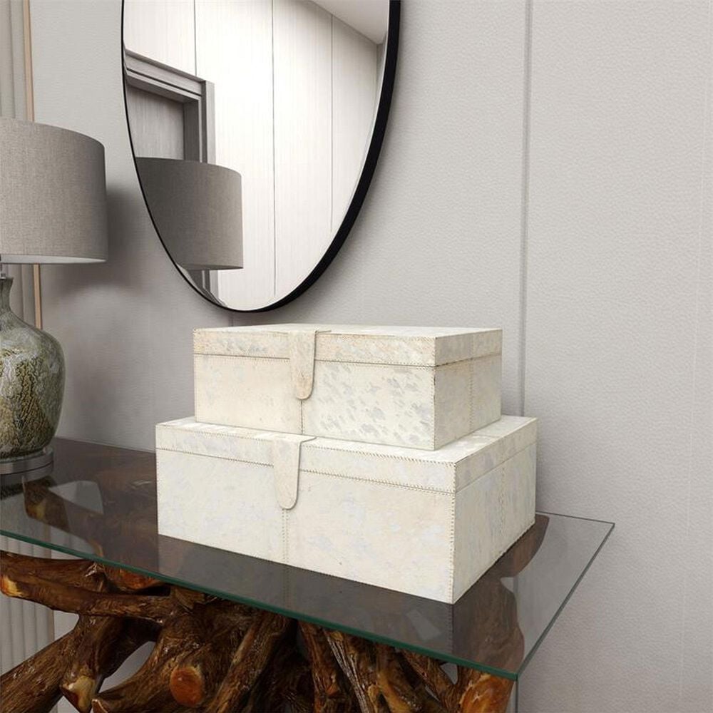 Maple and Jade 2-Piece Handmade Cowhide Storage Decorative Box Set in Silver, , large