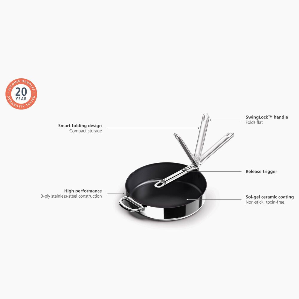 Joseph Joseph Space Steel 11&quot; Non-Stick Frying Pan with Folding Handle and Lid in Stainless Steel, , large