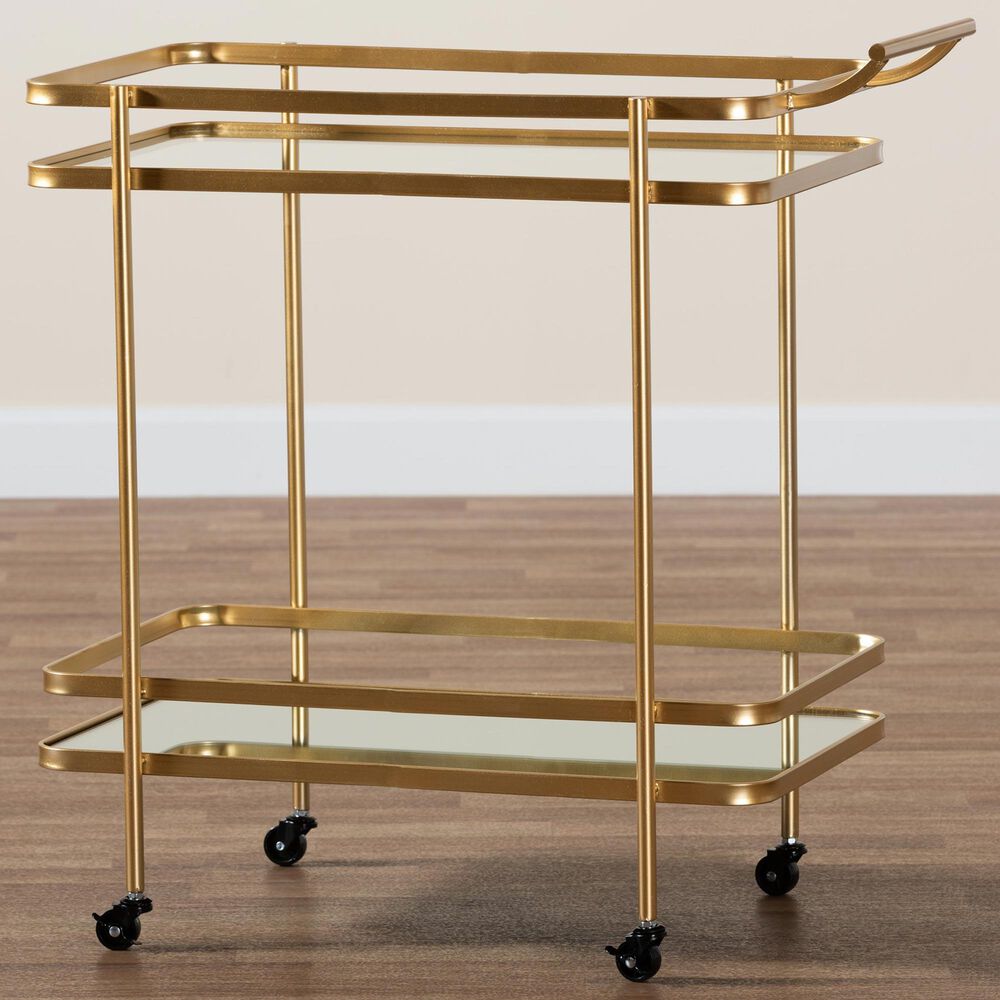 Baxton Studio Destin 2-Tier Mobile Wine Bar Cart in Brushed Gold and Clear, , large