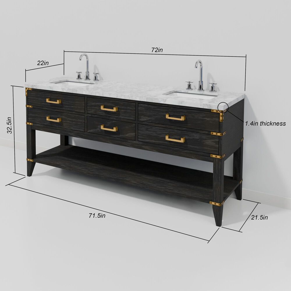 Lexora Home Norwalk 72" Double Bathroom Vanity in Black Oak with White Carrara Marble Top and Rectangular Sinks, , large