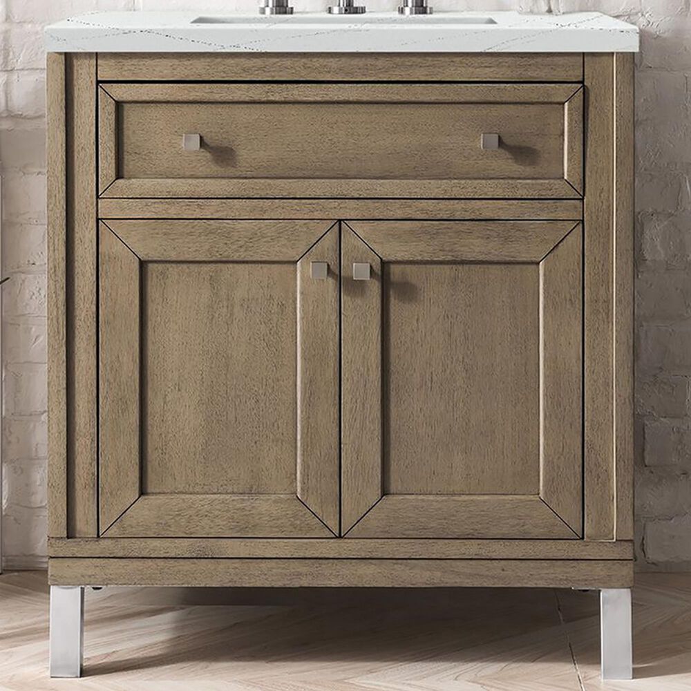 James Martin Vanities Chicago 30&quot; Single Bathroom Vanity in Whitewashed Walnut with 3 cm Ethereal Noctis Quartz Top and Rectangular Sink, , large