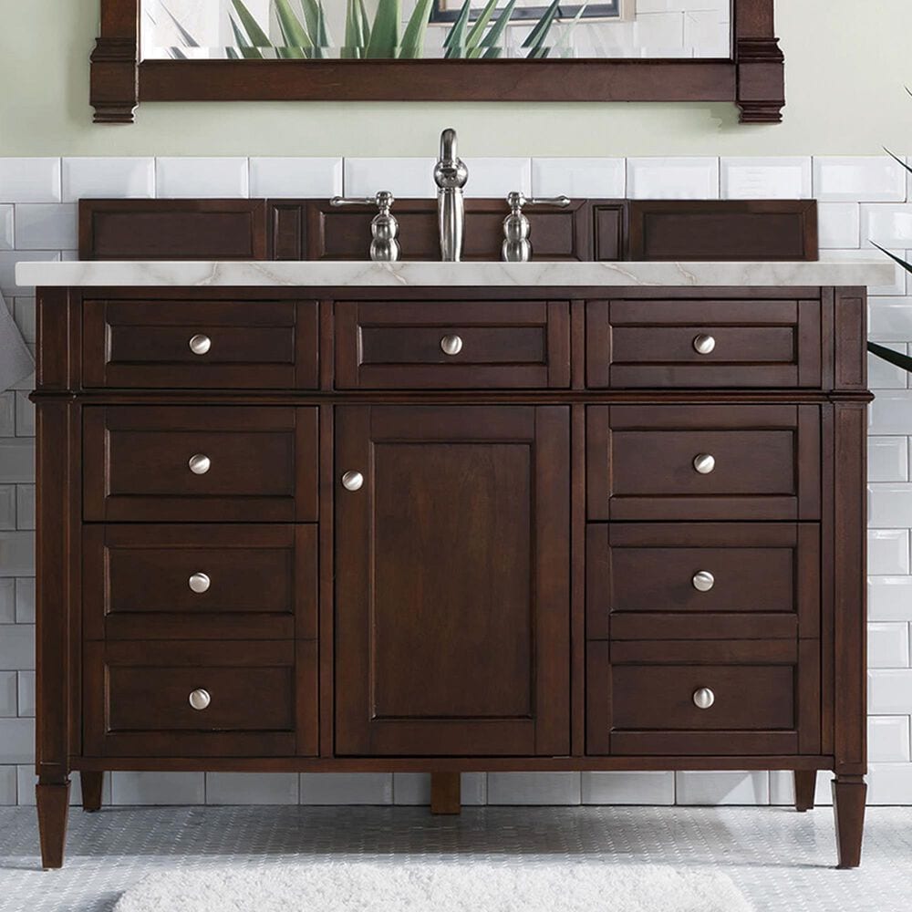 James Martin Vanities Brittany 48" Single Bathroom Vanity in Burnished Mahogany with 3 cm Eternal Jasmine Pearl Silestone Top, Rectangular Sink and FreePower Wireless Charger, , large