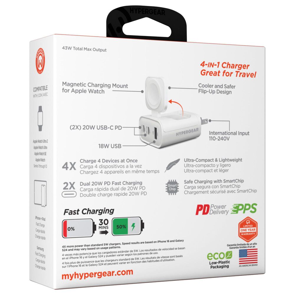 Hypercel SpeedBoost 43W 3-Port Fast Wall Charger with Built-In Apple Watch Charger in White, , large