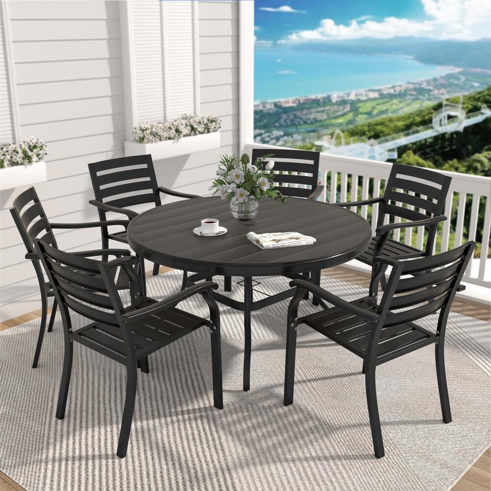 Hearth and Haven Outdoor 53" Round Dining Table with Umbrella Hole in Black - Table Only, , large