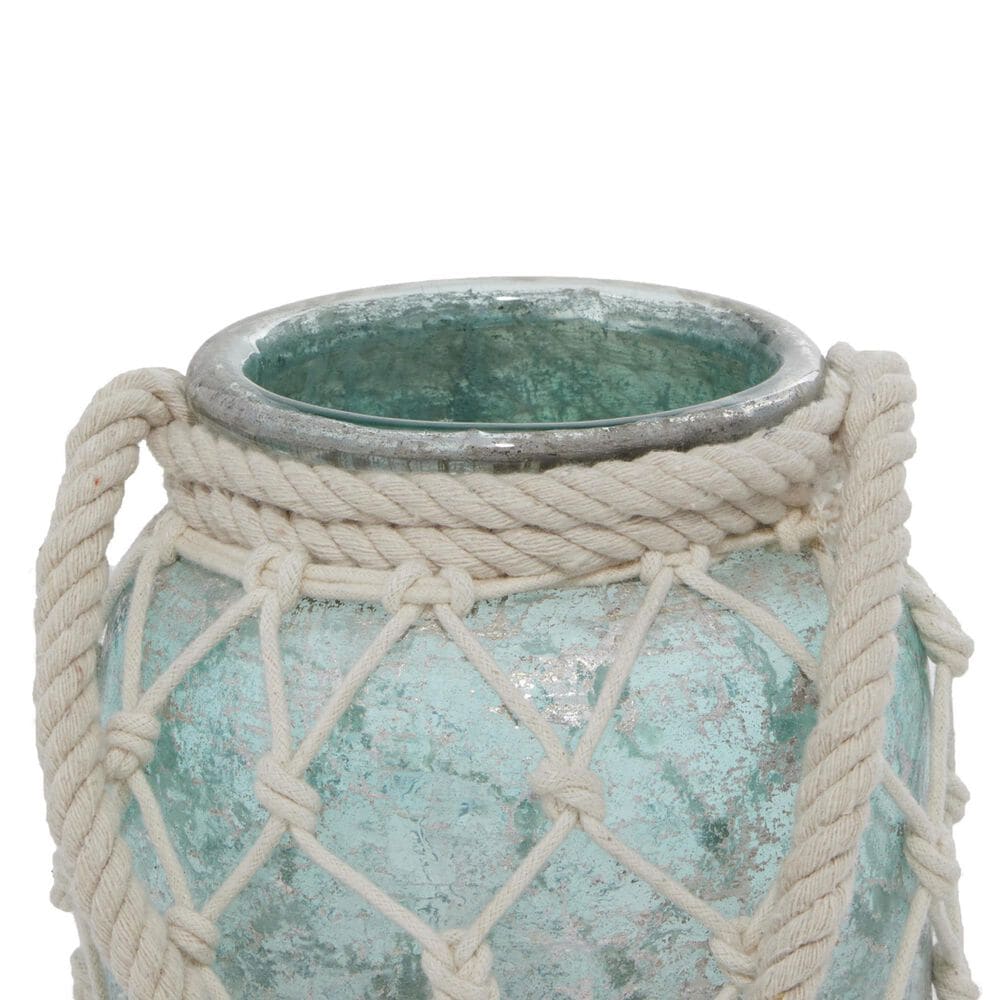 Maple and Jade 7&quot; x 15&quot; Indoor/Outdoor Candle Lantern with Rope Handle in Frosted Blue and Cream, , large