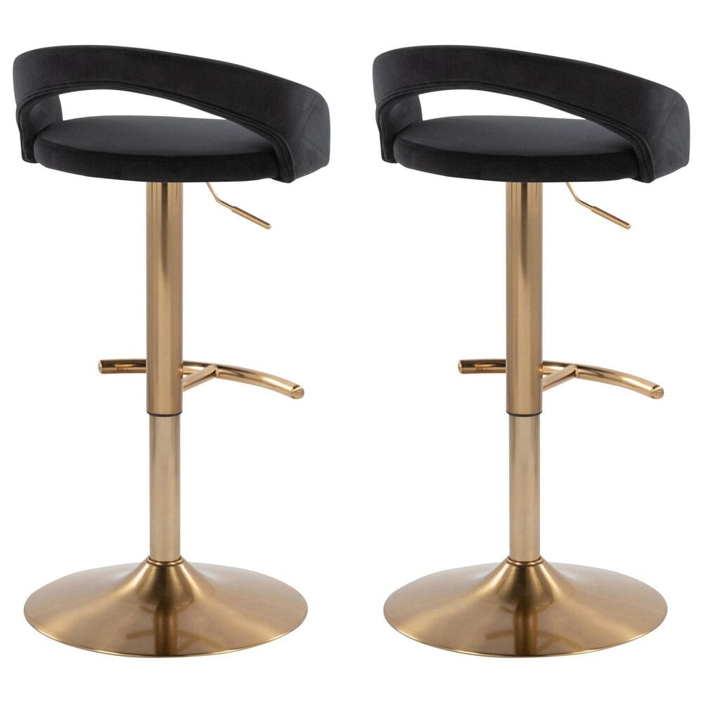 LumiSource Grotto Adjustable Bar Stool with Black Velvet Upholstery in Gold (Set of 2), , large