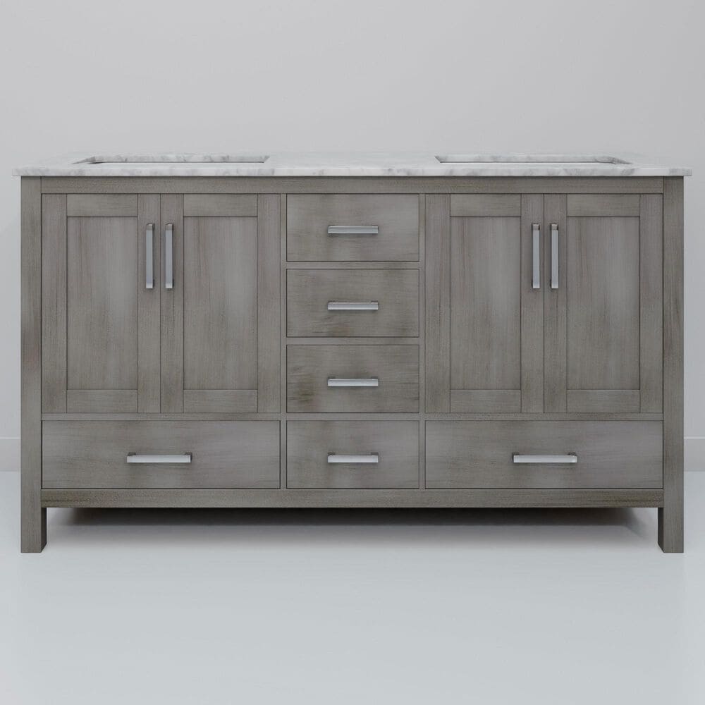 Lexora Home Jacques 60" Double Bathroom Vanity in Distressed Grey with 2 cm White Carrara Marble Top and Rectangular Sinks, , large