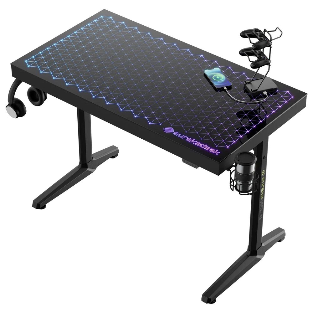 Eureka Ergonomic LED Glass Desktop Gaming Desk in Black, , large