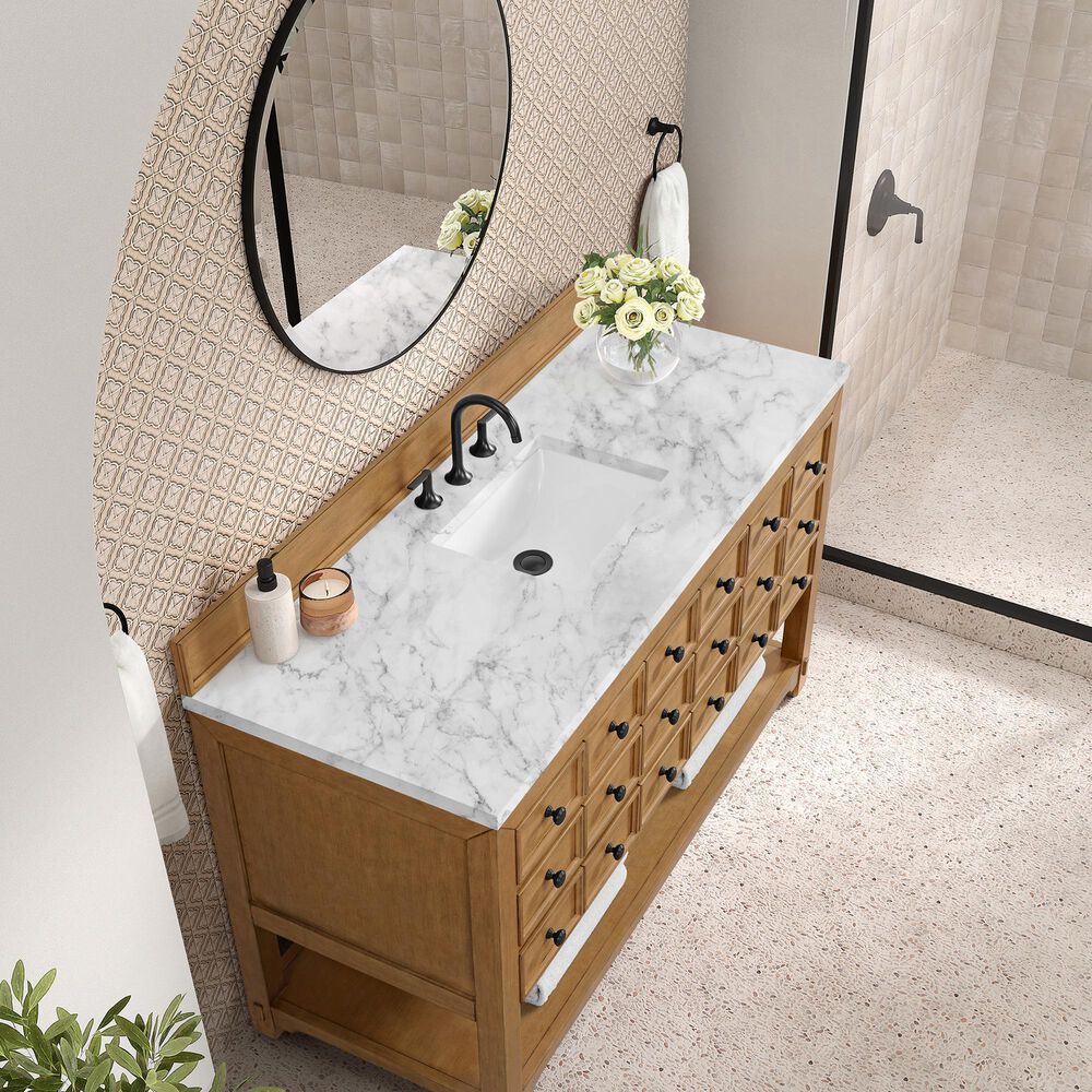 James Martin Malibu 60&quot; Single Bathroom Vanity in Amber Birch with 3 cm Carrara White Marble Top and Rectangular Sink, , large