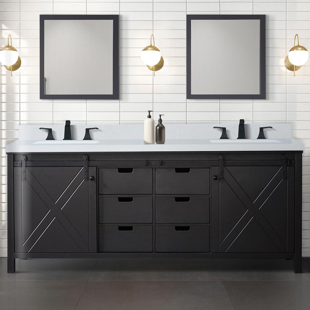 Lexora Home Marsyas 80&quot; Double Bathroom Vanity in Brown with 2 cm White Cultured Marble Top and Rectangular Sinks, , large