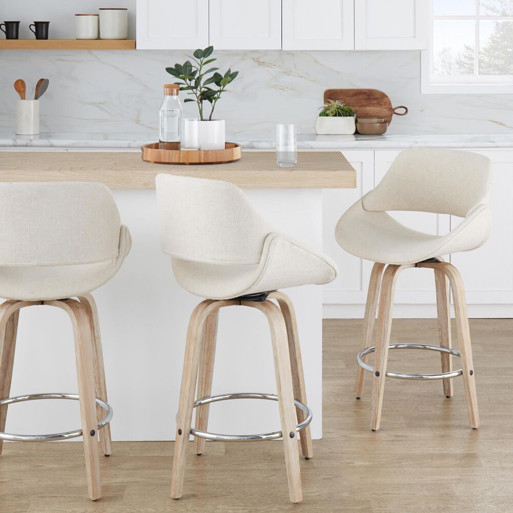 LumiSource Fabrico 26" Swivel Fixed-Height Counter Stool with Cream Noise Fabric Upholstery in Chrome and Whitewashed (Set of 2), , large