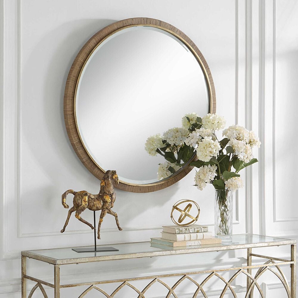 Uttermost Paradise Round Vanity Mirror in Antiqued Gold Leaf and Brown, , large