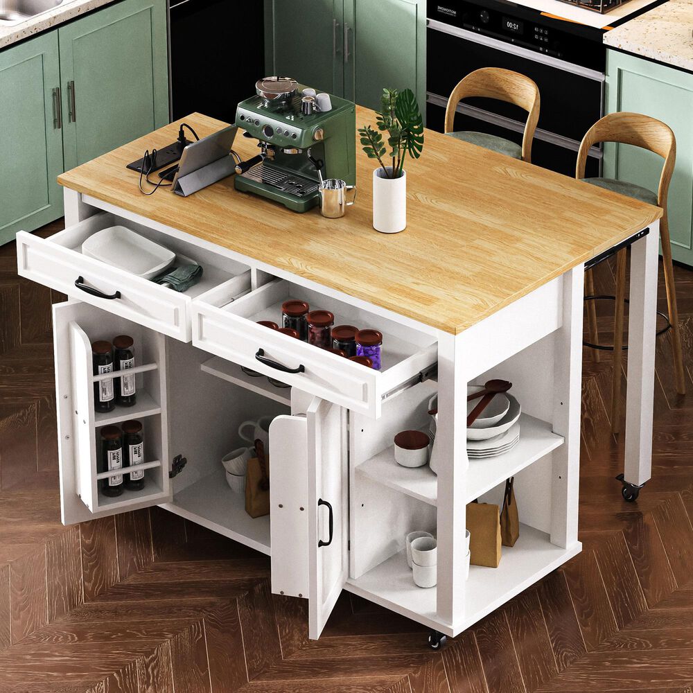 HOMLUX 47" Kitchen Island with Extendable Dining Table in White, , large