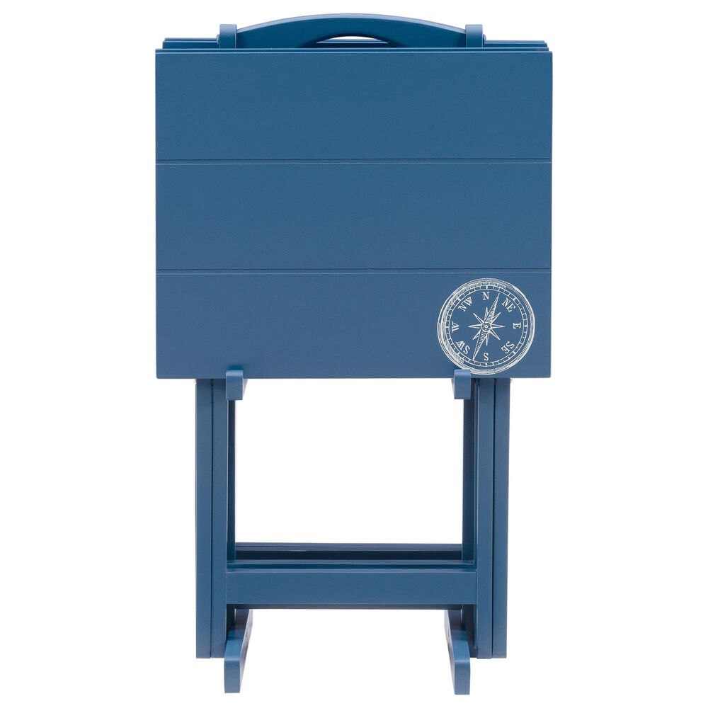 Linon Home Decor Compass Folding TV Tray Table Set with Stand in Navy Blue (Set of 4), , large