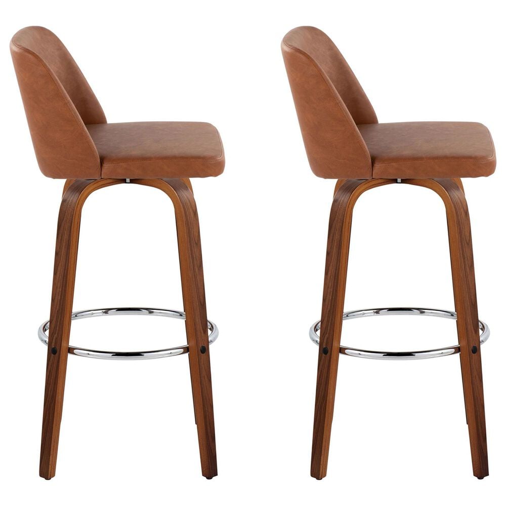 LumiSource Toriano Swivel Bar Stool with Camel Faux Leather Upholstery in Walnut and Chrome (Set of 2), , large