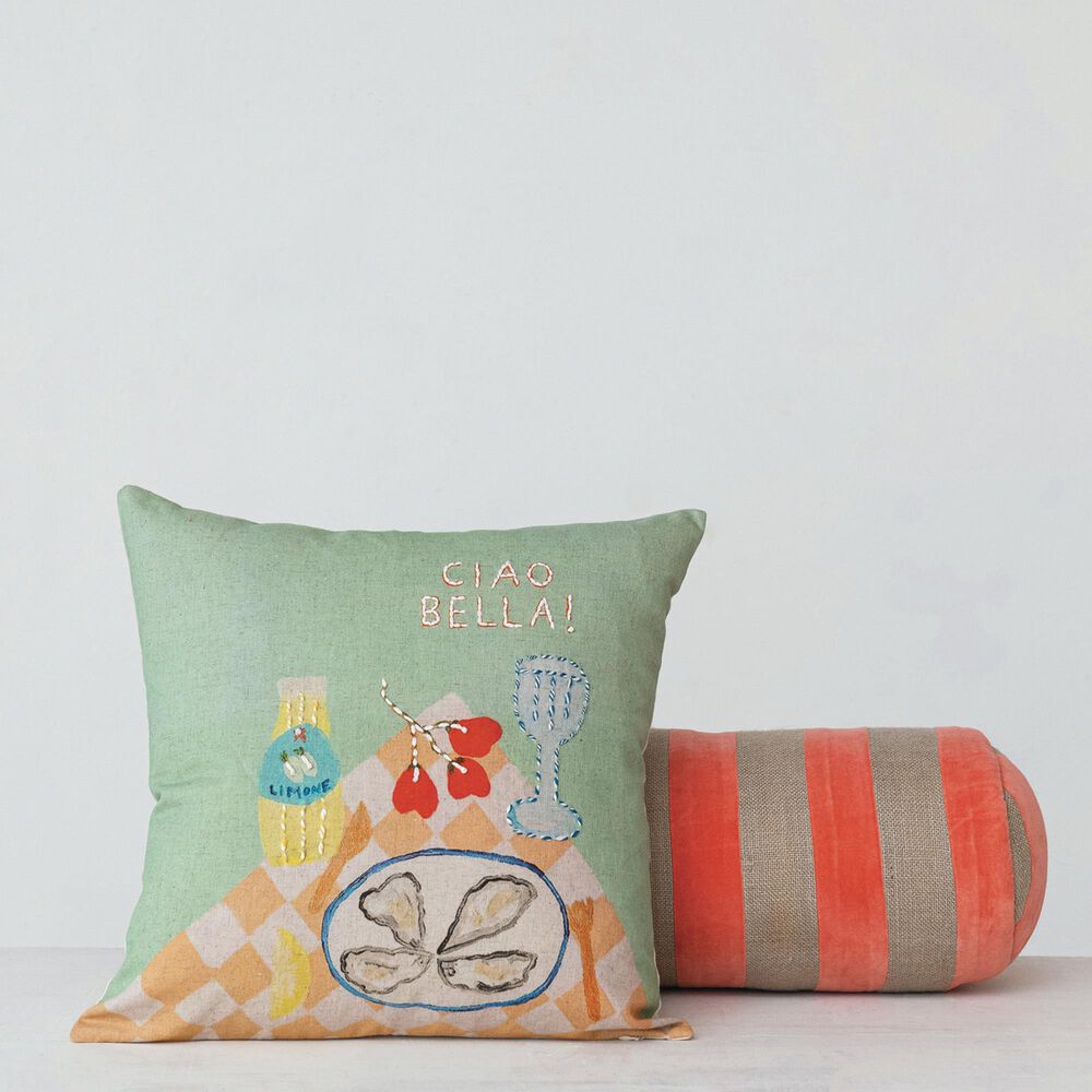 Teak Interiors Happy House 18&quot; x 8&quot; Bolster Throw Pillow in Pink and Natural, , large