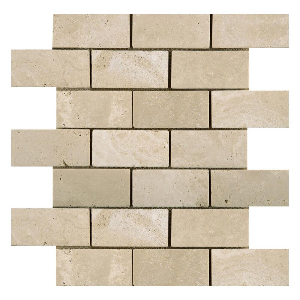 Emser Trav Ancient Tumbled Beige Offset 12" x 12" Natural Stone Mosaic Sheet, , large