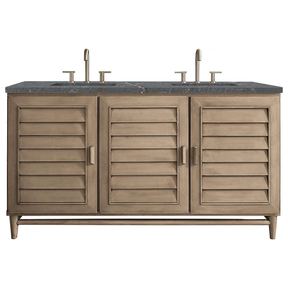 James Martin Vanities Portland 60" Double Bathroom Vanity in Whitewashed Walnut with 3 cm Parisien Bleu Quartz Top and Rectangular Sinks, , large