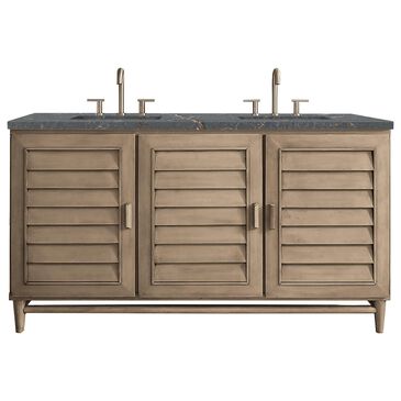 James Martin Vanities Portland 60" Double Bathroom Vanity in Whitewashed Walnut with 3 cm Parisien Bleu Quartz Top and Rectangular Sinks, , large