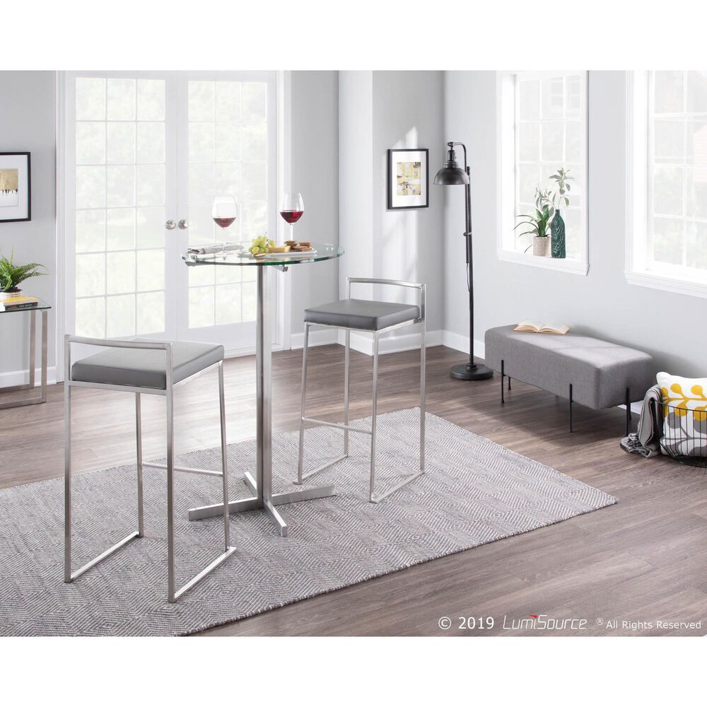 Lumisource Fuji Stackable Barstool with Grey Faux Leather Cushion in Stainless Steel (Set of 2), , large