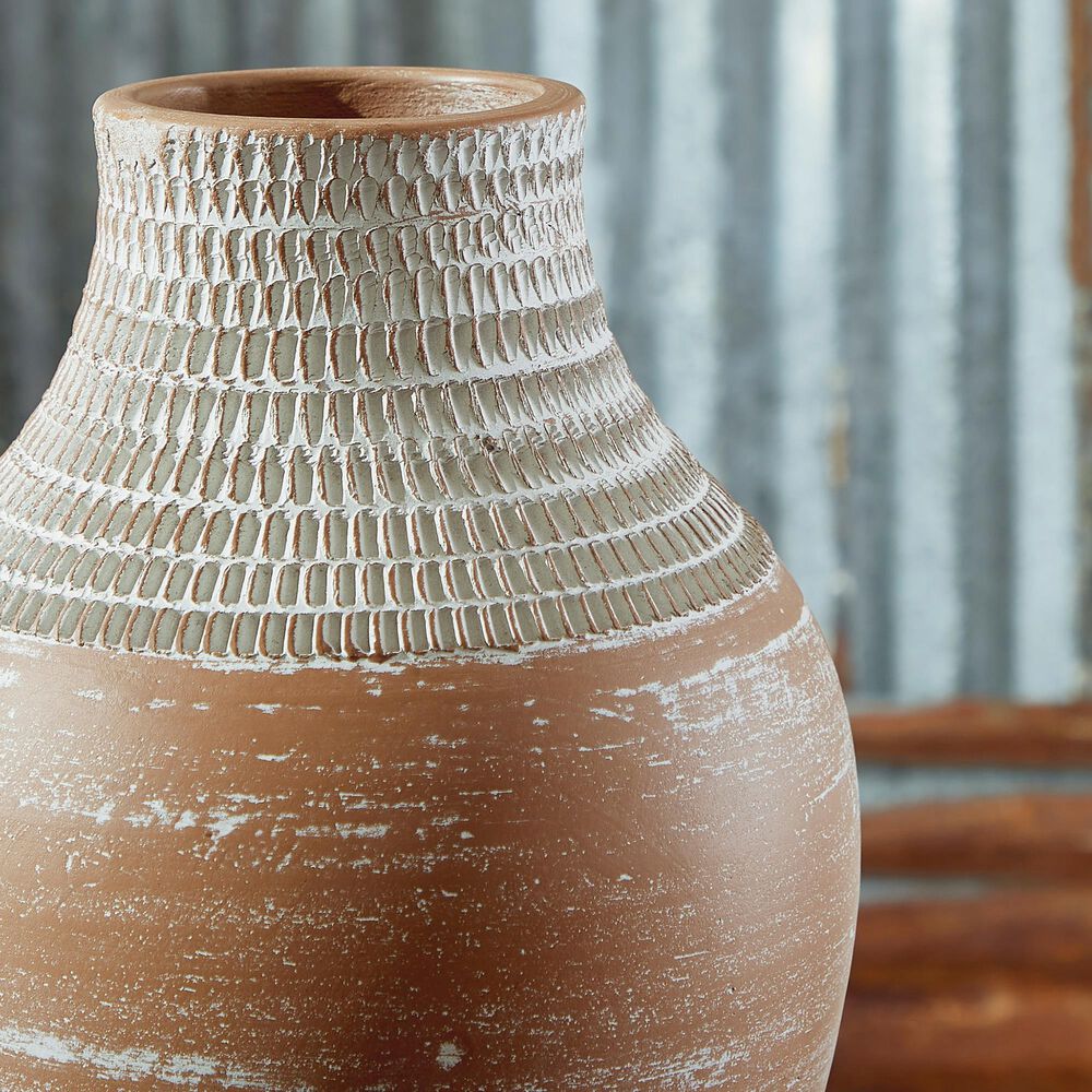 Ashley Reclove 13&quot; Vase in Distressed White and Brown, , large