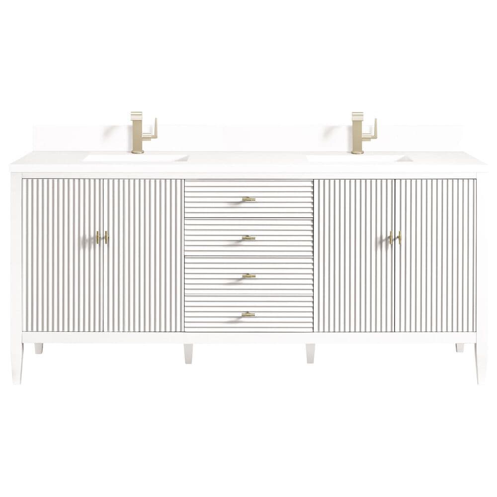 James Martin Vanities Myrrin 72" Vanity in Bright White with Single Hole 3 cm White Zeus Quartz Top & Backsplash, , large