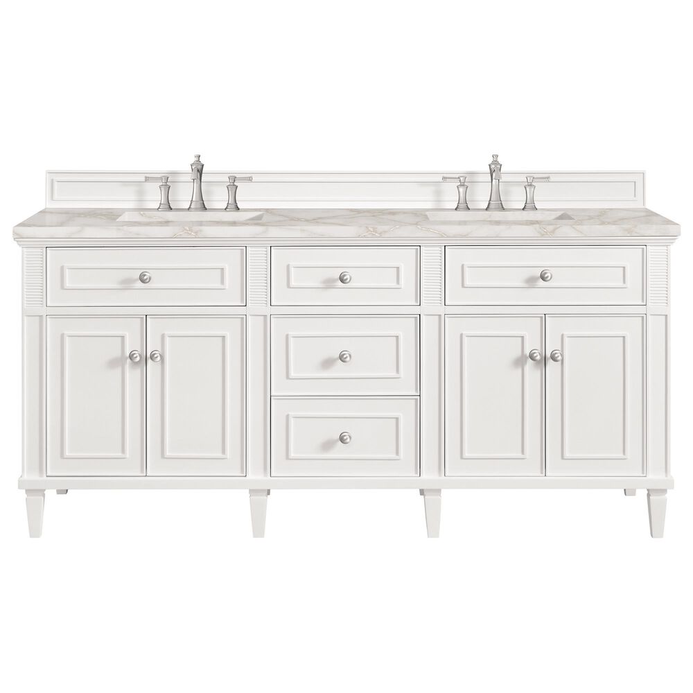 James Martin Vanities Lorelai 72&quot; Double Vanity in Bright White with 3 cm Victorian Silver Quartz Top, , large