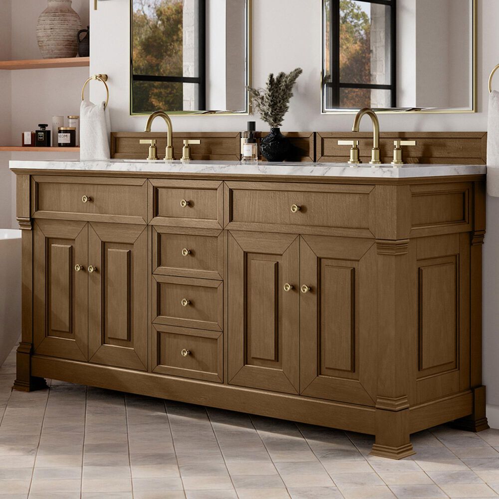 James Martin Vanities Brookfield 72" Double Bathroom Vanity in Honey Oak with 3cm Carrara White Marble Top and Rectangular Sinks, , large