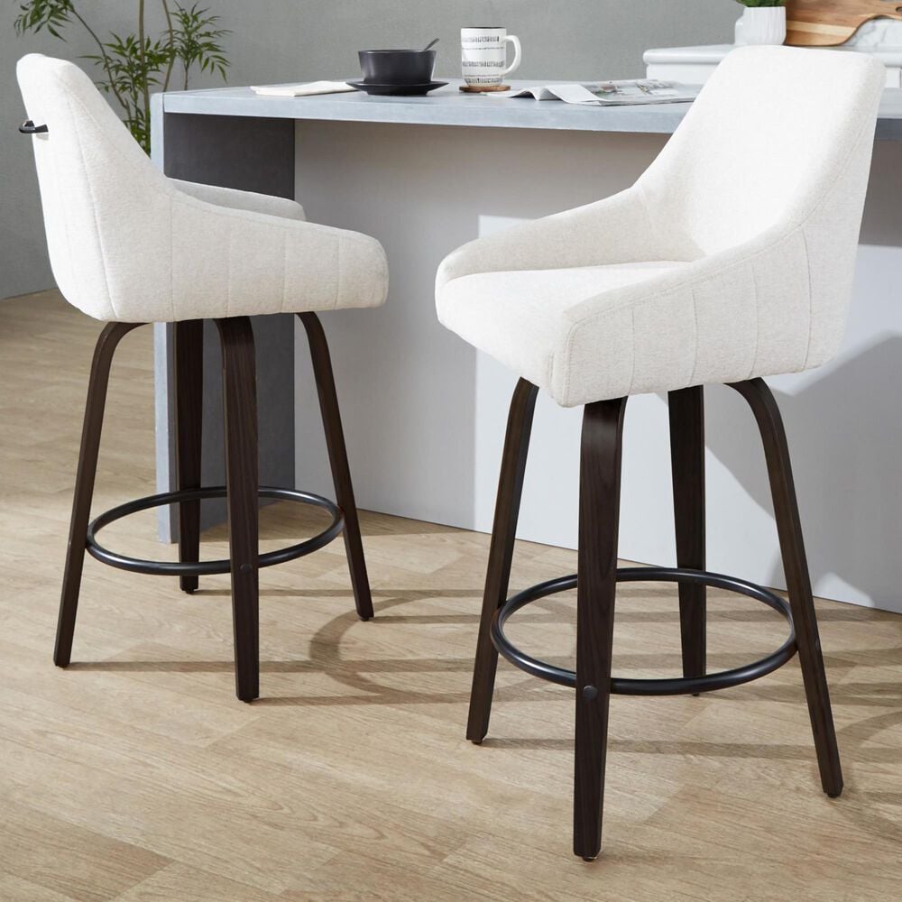 LumiSource Hannah Swivel Counter Stool with Cream Fabric Upholstery in Walnut and Black (Set of 2), , large