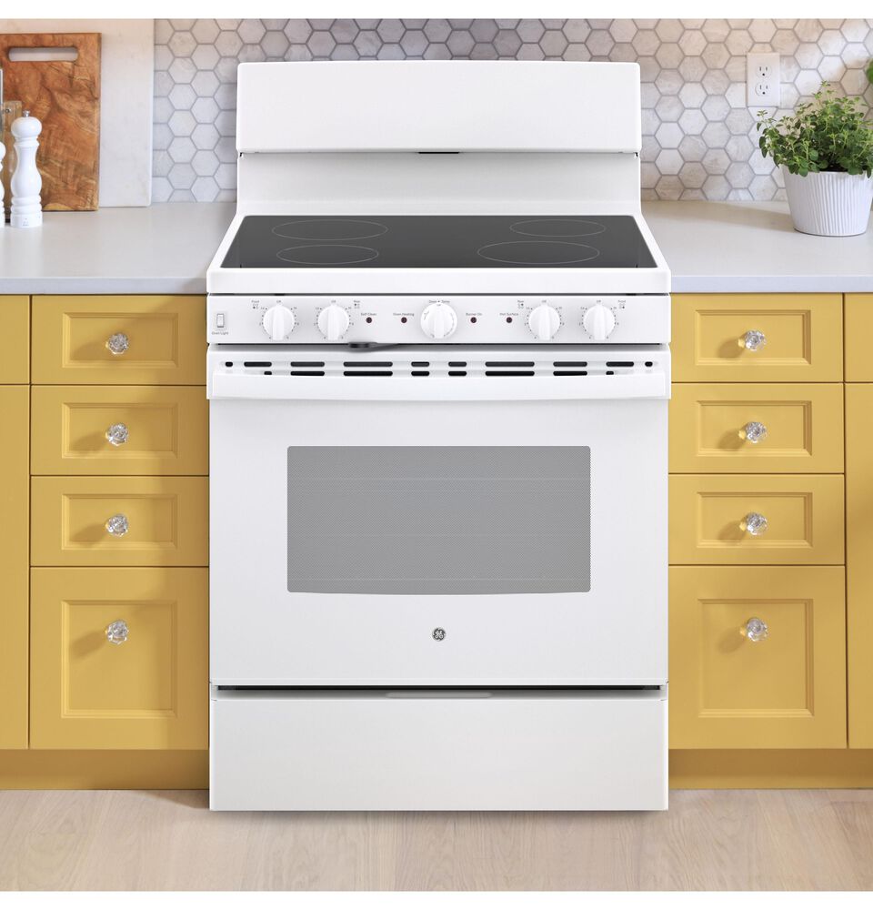 GE Appliances 30" Freestanding Self-Cleaning Radiant Front-Mount Range in White, , large