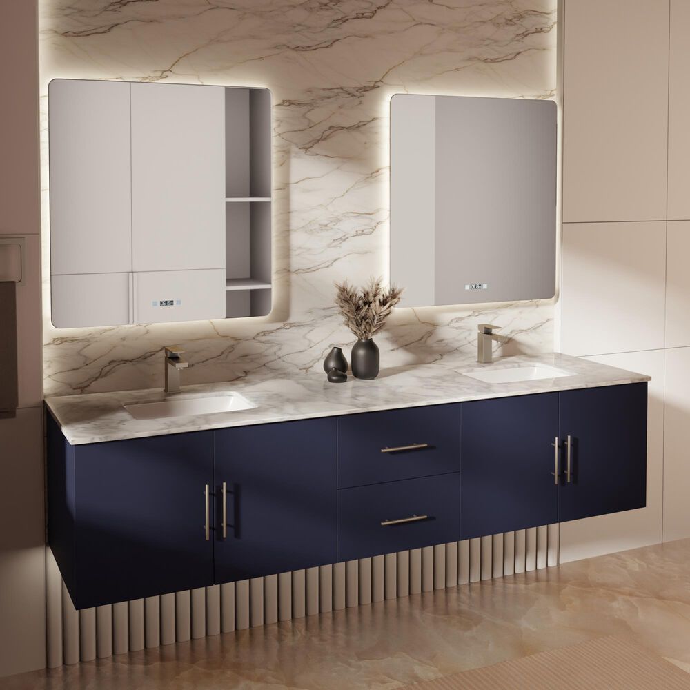 Lexora Home Geneva 80" Double Bathroom Vanity in Navy Blue with 2 cm White Carrara Marble Top and Rectangular Sinks, , large