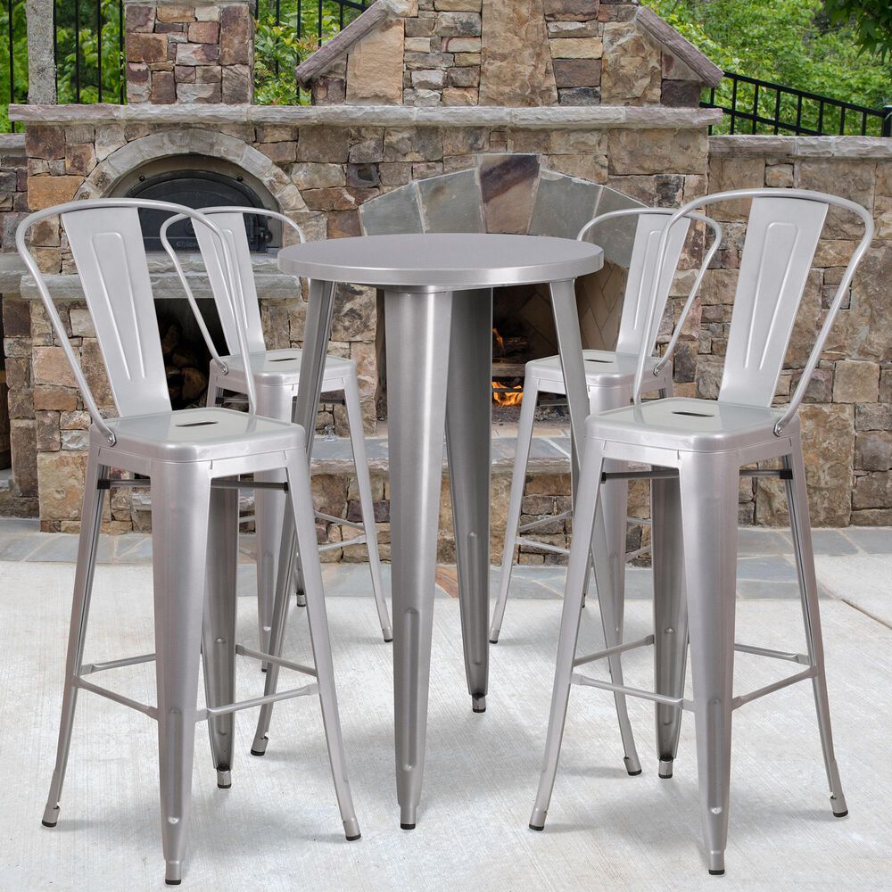 Flash Furniture 5-Piece Metal Bar Table Set in Silver, , large