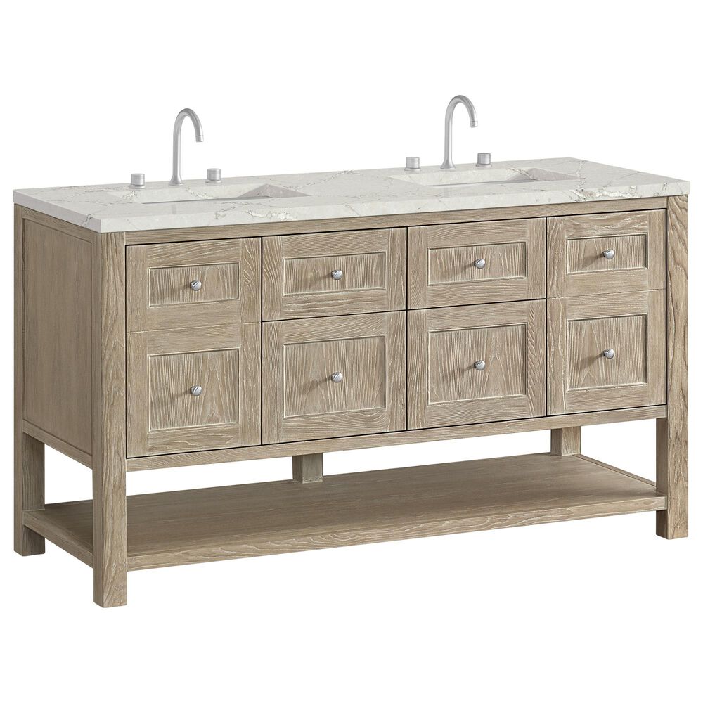 James Martin Vanities Breckenridge 60" Double Bathroom Vanity in Whitewashed Oak with 3 cm Eternal Jasmine Pearl Silestone Top, Rectangular Sinks and FreePower Wireless Charger, , large