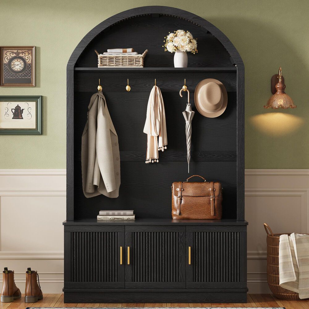 HOMLUX Farmhouse Fabric Arched Top Hall Tree with 5 Metal Hooks and Adjustable Shelves in Black, , large