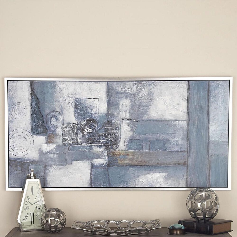 Maple and Jade 55&quot; x 28&quot; Geometric Wall Art with Silver Frame in Gray, White, Dark Blue and Brown, , large