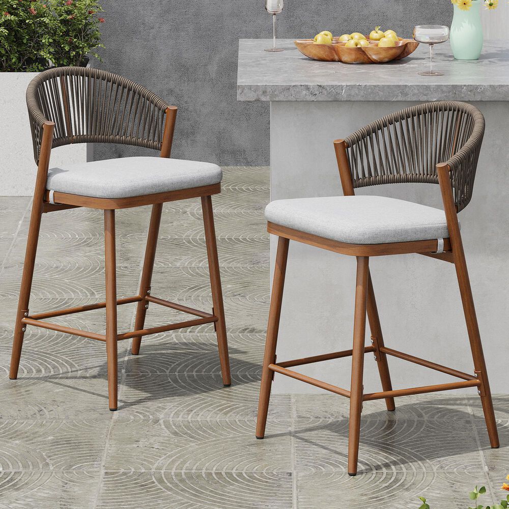 Hearth and Haven 26" Outdoor Counter Stool with Teak Frame in Light Gray (Set of 2), , large
