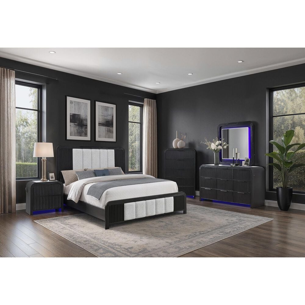 Modern Market Beckett King Platform Bed with LED Lights in Black Finish and White Fluted Upholstery, , large