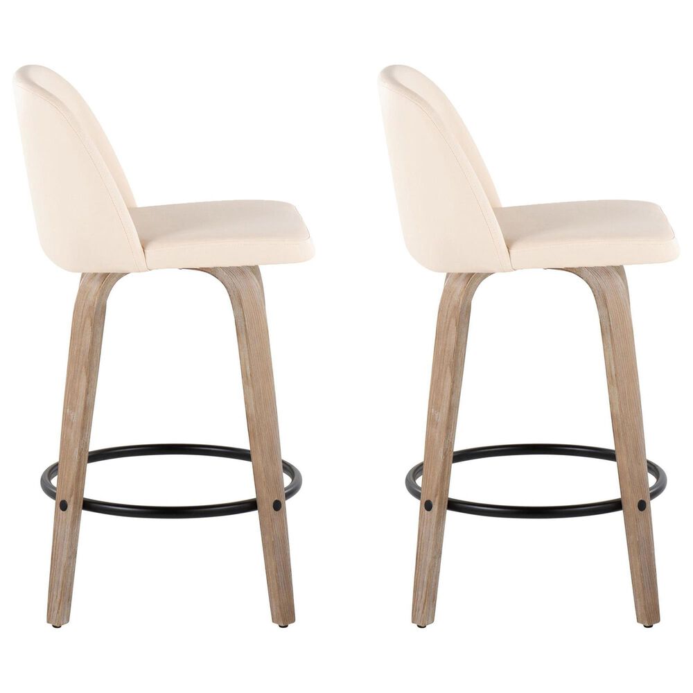 LumiSource Toriano Swivel Counter Stool with Cream Faux Leather Upholstery in Whitewashed and Black (Set of 2), , large