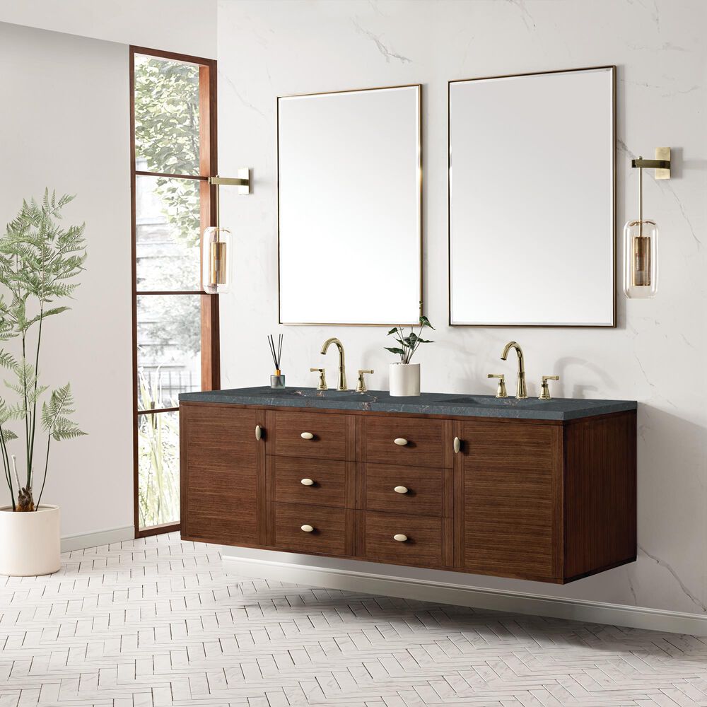 James Martin Vanities Amberly 72&quot; Double Bathroom Vanity in Mid-Century Walnut with 3 cm Parisien Bleu Quartz Top and Rectangular Sinks, , large