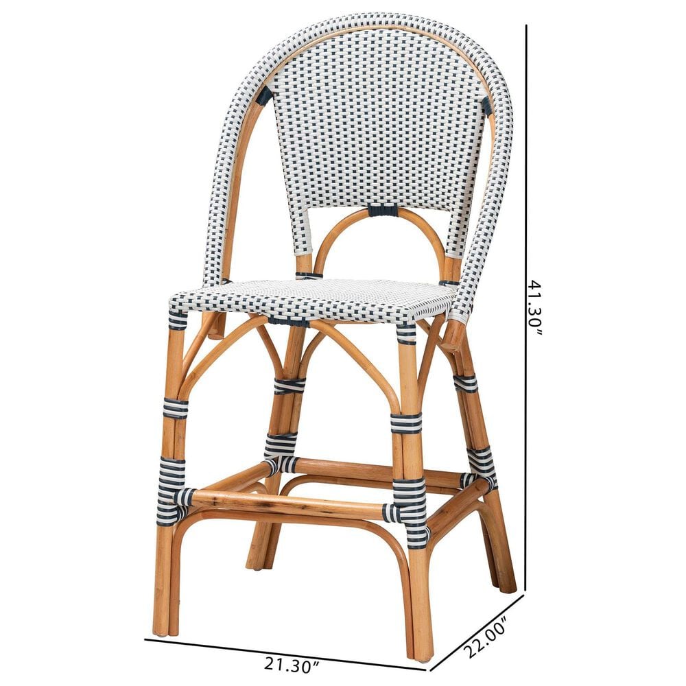 Baxton Studio Genica Counter Stool with Two-Tone Navy and White Weaving in Natural Rattan (Set of 2), , large