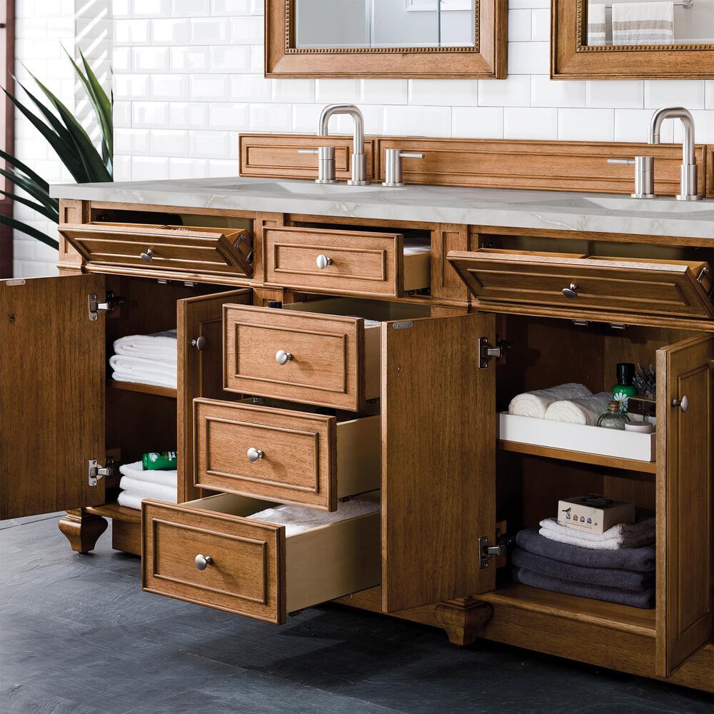 James Martin Vanities Bristol 72&quot; Double Bathroom Vanity in Saddle Brown with 3 cm Victorian Silver Quartz Top and Rectangular Sinks, , large