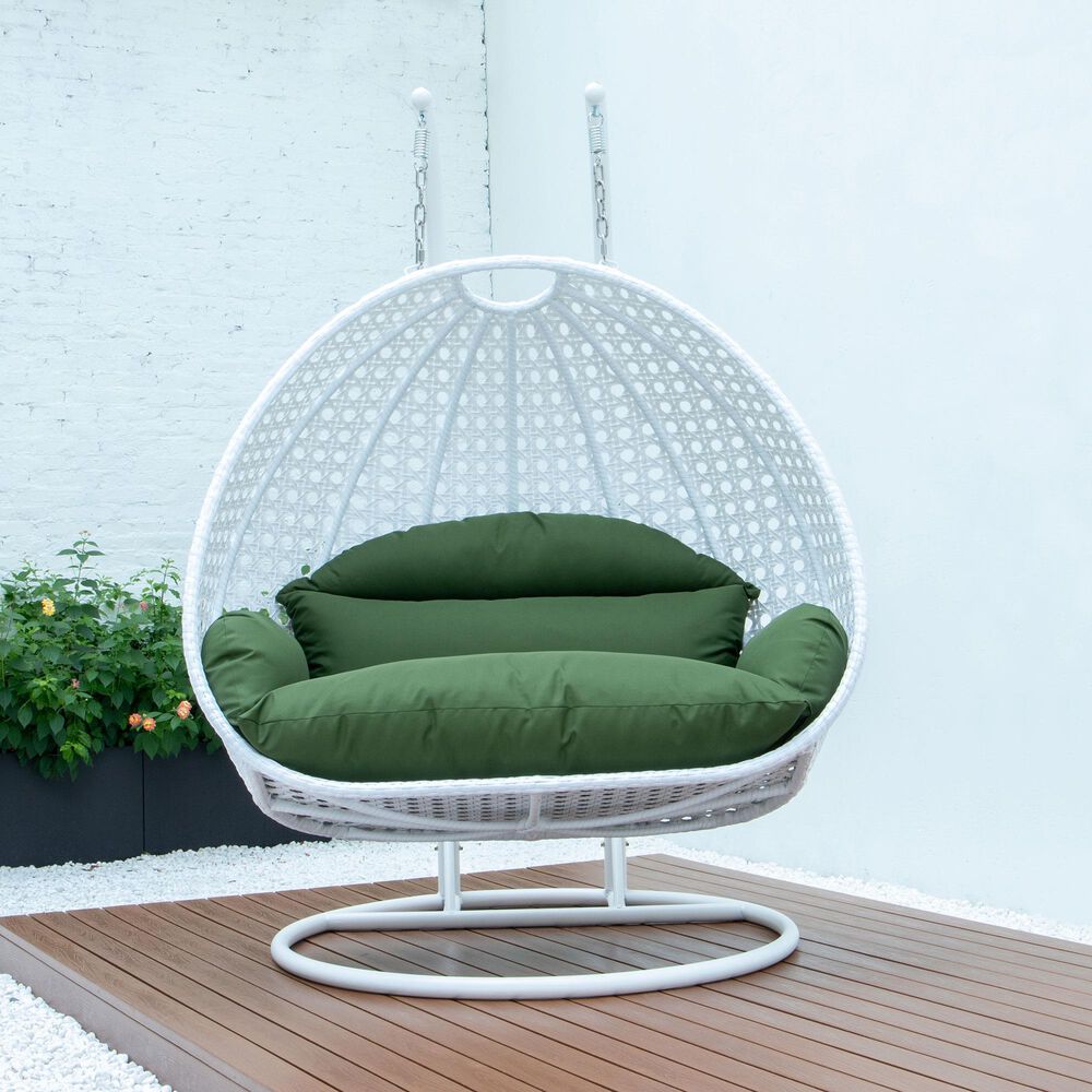 Leisuremod 2-Seat Hanging Egg Swing Chair with Dark Green Cushion in White, , large