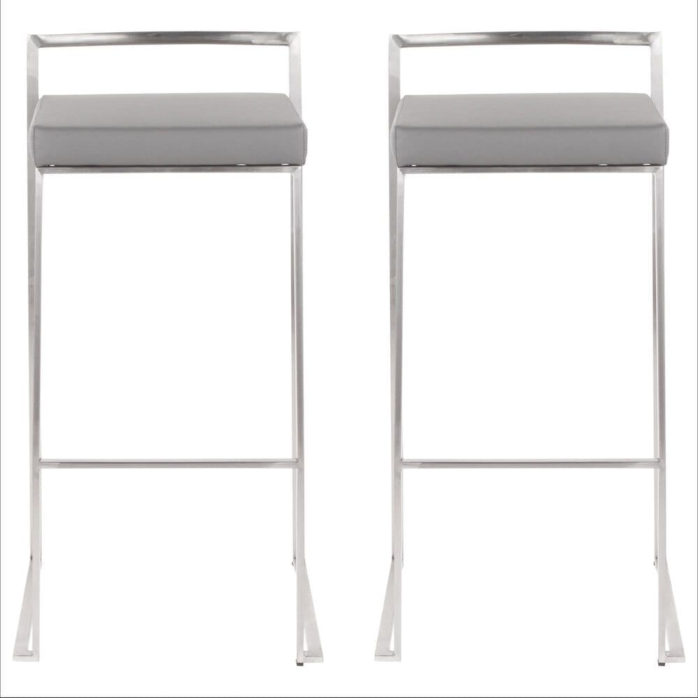 Lumisource Fuji Stackable Barstool with Grey Faux Leather Cushion in Stainless Steel (Set of 2), , large