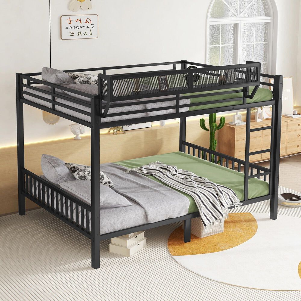 Hearth and Haven Queen over Queen Bunk Bed with Ladder and Storage Shelf in Black, , large