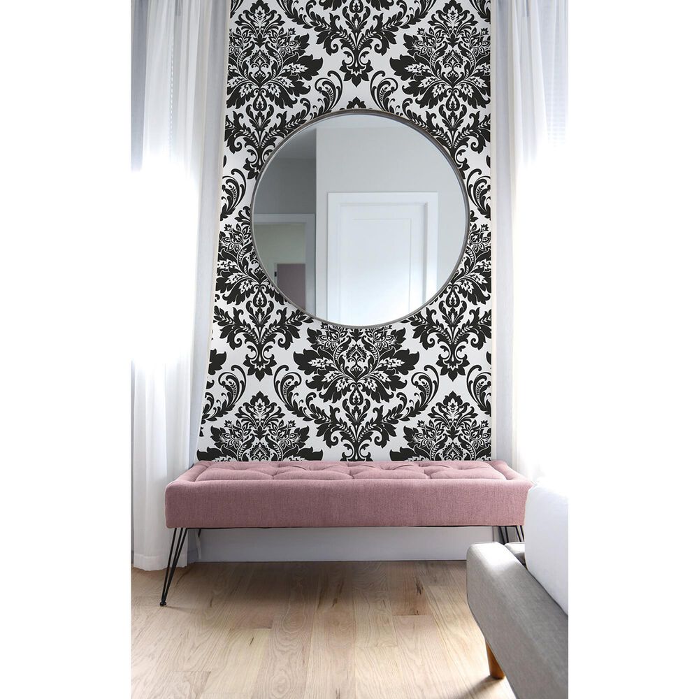 NextWall Damask 216" x 20.5" Peel and Stick Wallpaper in Black and
