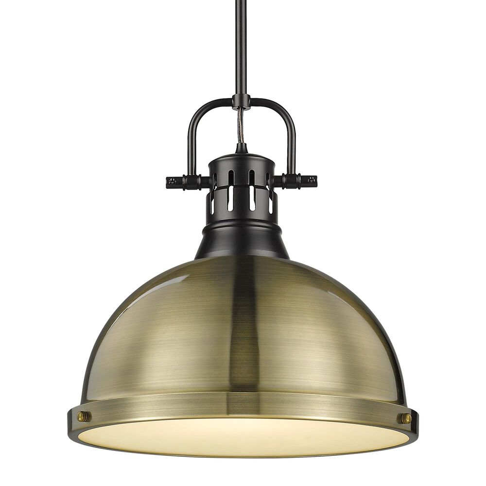 Golden Lighting Duncan 1-Light Pendant with Rod and Aged Brass Shade in Matte Black, , large