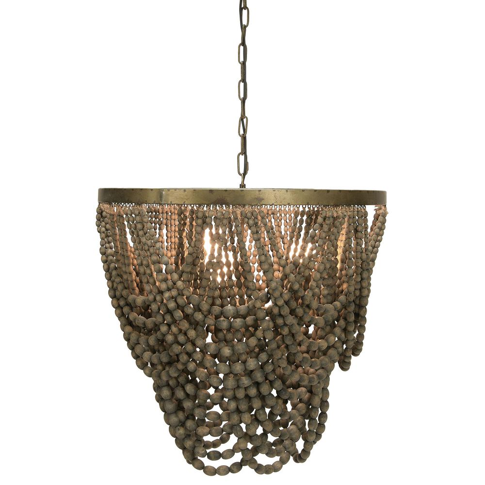 Creative Coop Laurel 2-Tier Draped Wood Bead Chandelier with Gold and Grey Shade, , large