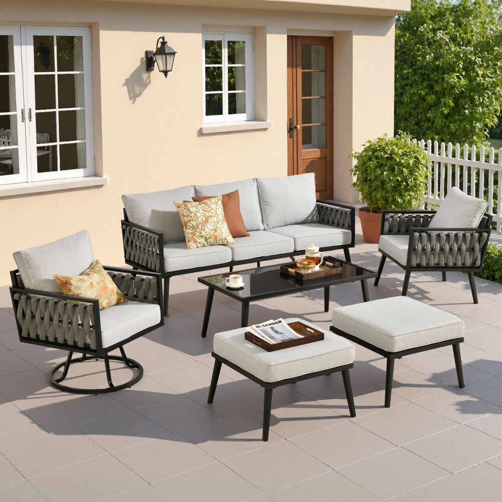 HOMLUX 6-Piece Patio Conversation Set with Woven Sling Fabric in Light Gray, , large