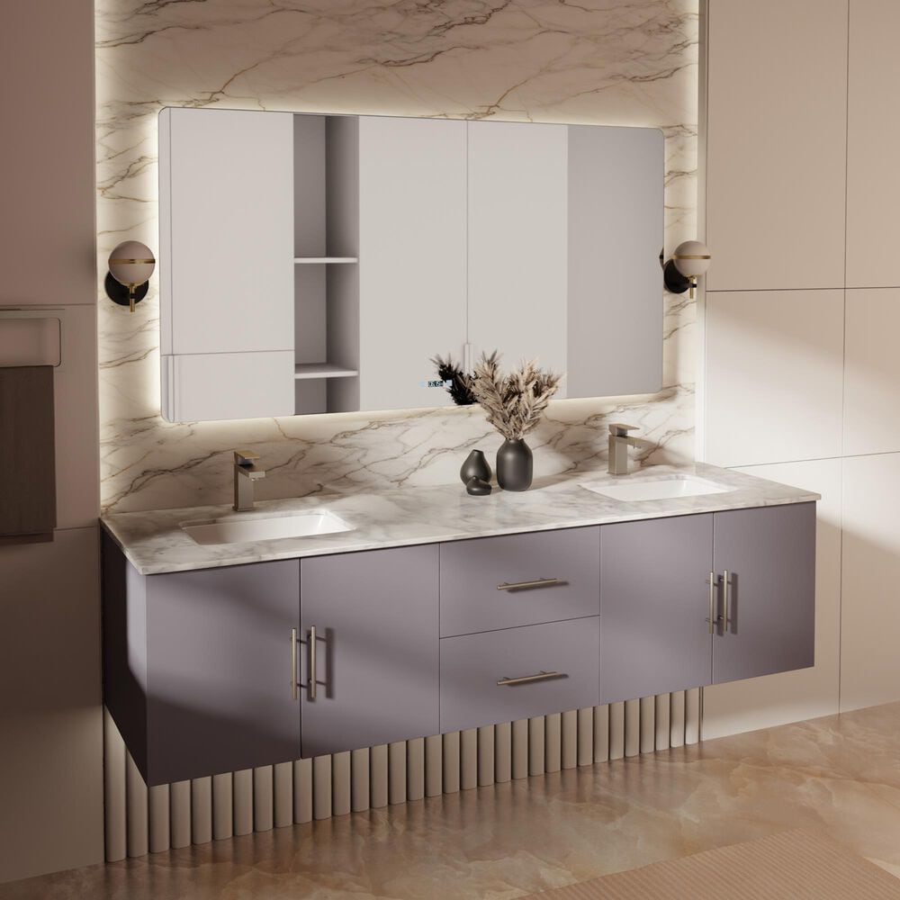 Lexora Home Geneva 72" Double Bathroom Vanity in Dark Grey with 2 cm White Carrara Marble Top and Rectangular Sinks, , large