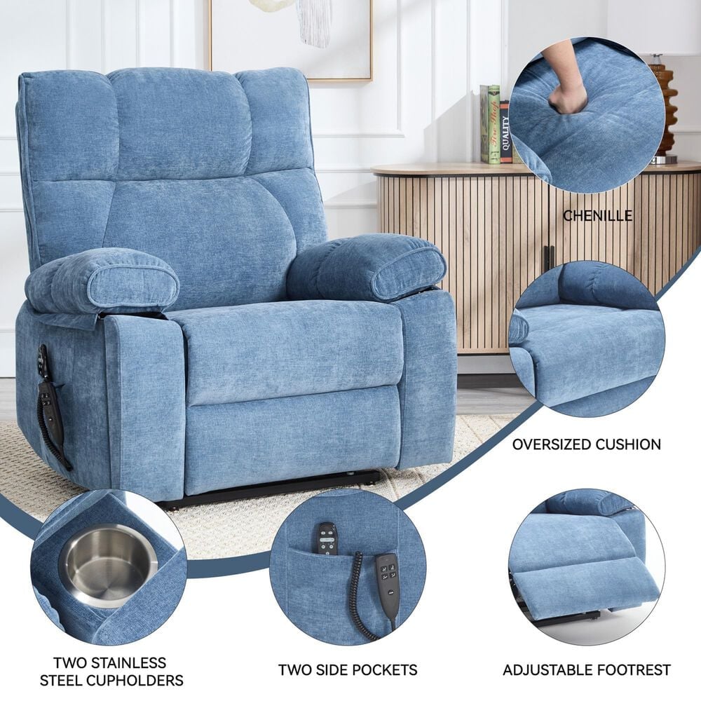 Hearth and Haven Large Power Lift Recliner in Blue, , large